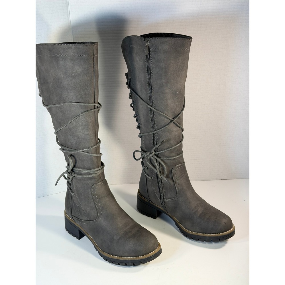Global Win Womens Grey Lace Up Back Tall Knee High Boots Size 8 18YY25